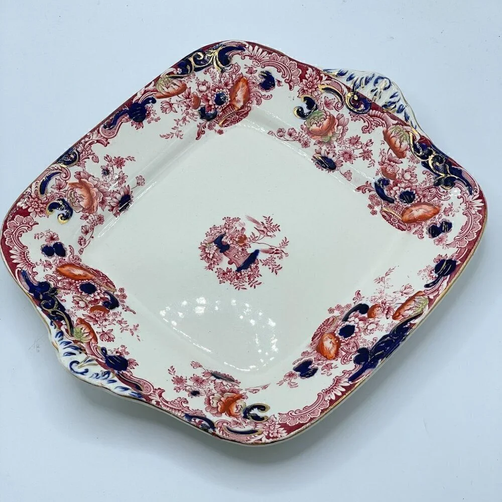 Royal Staffordshire Arcadia Red Blue Square Handled Platter Victorian Antique